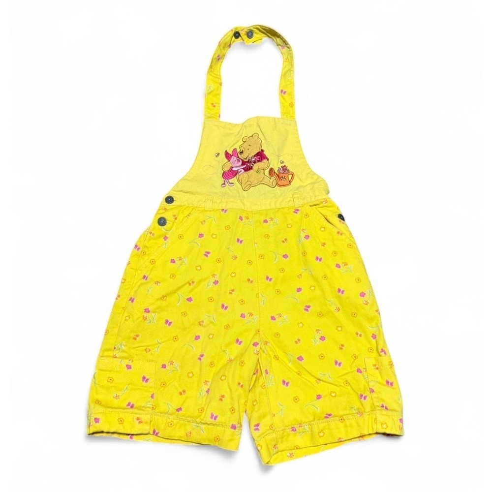 VTG Winnie the Pooh Piglet Girls 4T Yellow Floral Shortalls Overalls Embroide